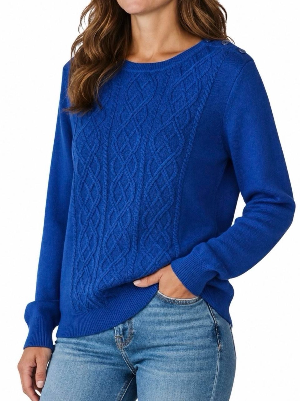Talbots Royal Blue Wool Nylon Cable Knit Classic Sweater Shoulder Button Sz L